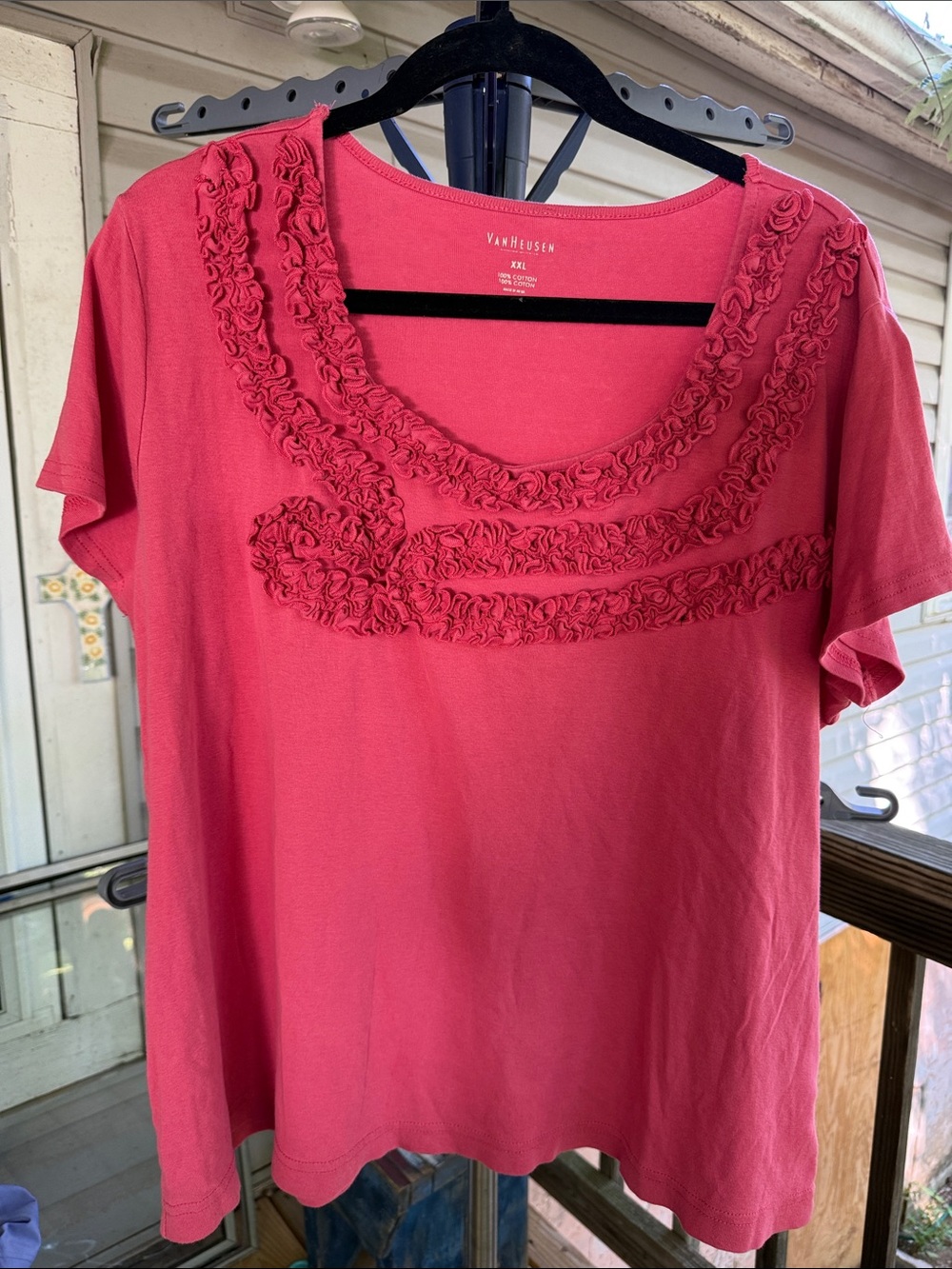 Van Heusen XXL Pink Scoop Neck Short Sleeve Top with Rosette Trim 100% cotton